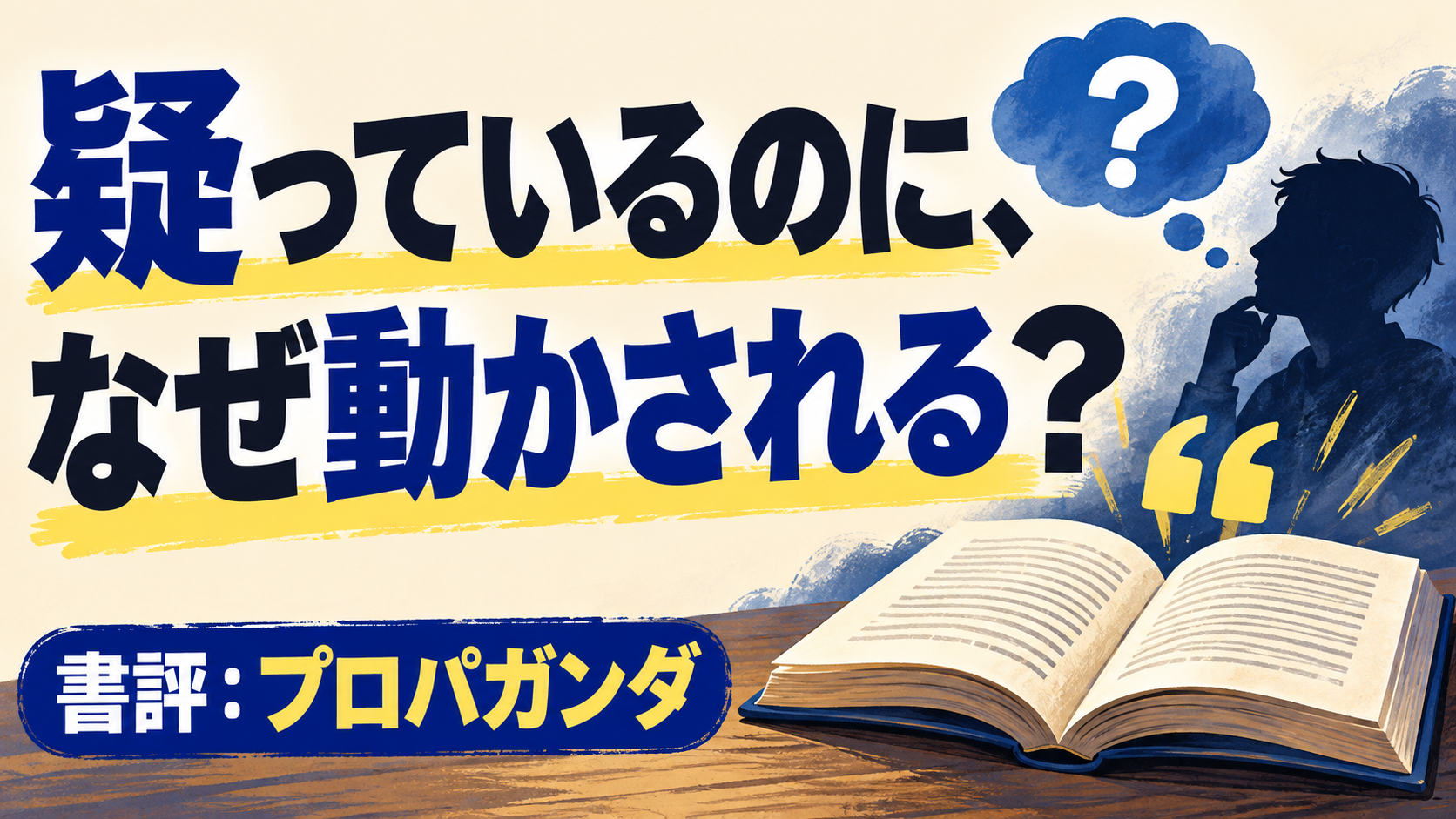 疑っているのに、 なぜ動かされる？。記事テーマを表すイラスト。書評：プロパガンダ。