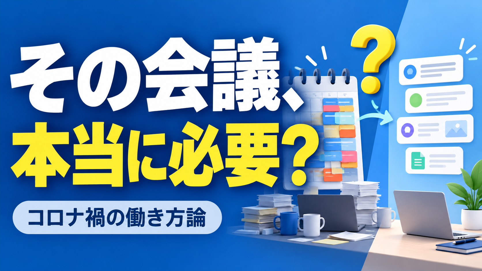 その会議、 本当に必要？。記事テーマを表すイラスト。コロナ禍の働き方論。
