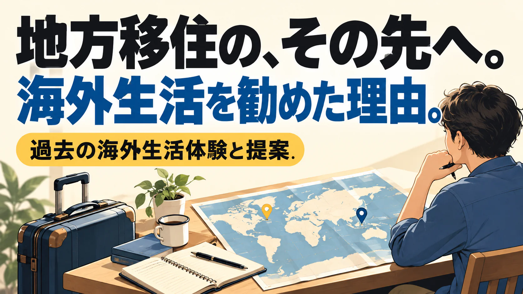 地方移住の、その先へ。 海外生活を勧めた理由。。記事テーマを表すイラスト。過去の海外生活体験と提案。