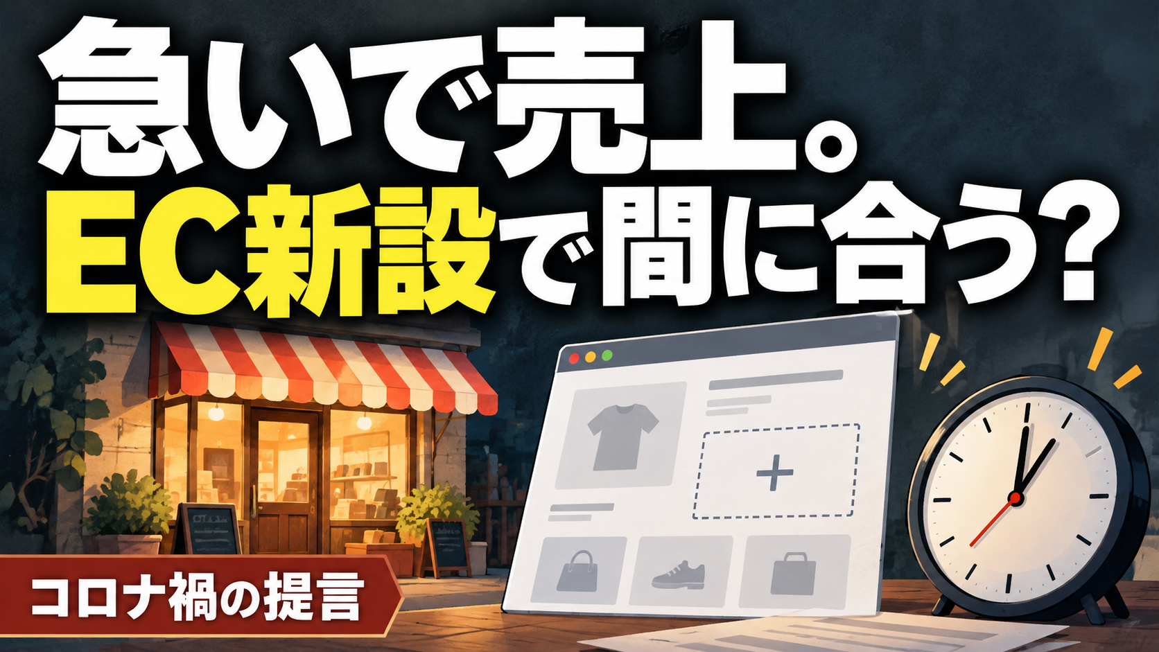 急いで売上。 EC新設で間に合う？。記事テーマを表すイラスト。コロナ禍の提言。